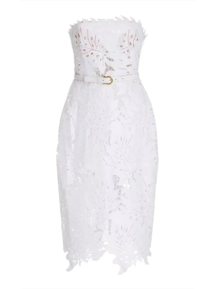 White Midi Dress Flower Cut-Out Elegant Celebrity Party Dress - SassQuality