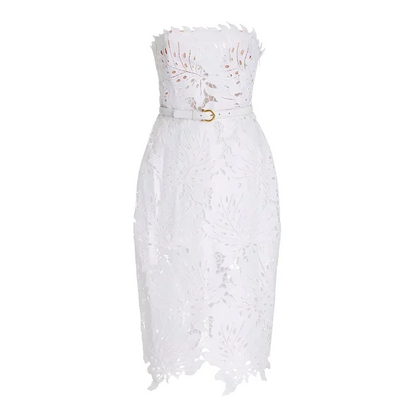 White Midi Dress Flower Cut-Out Elegant Celebrity Party Dress - SassQuality