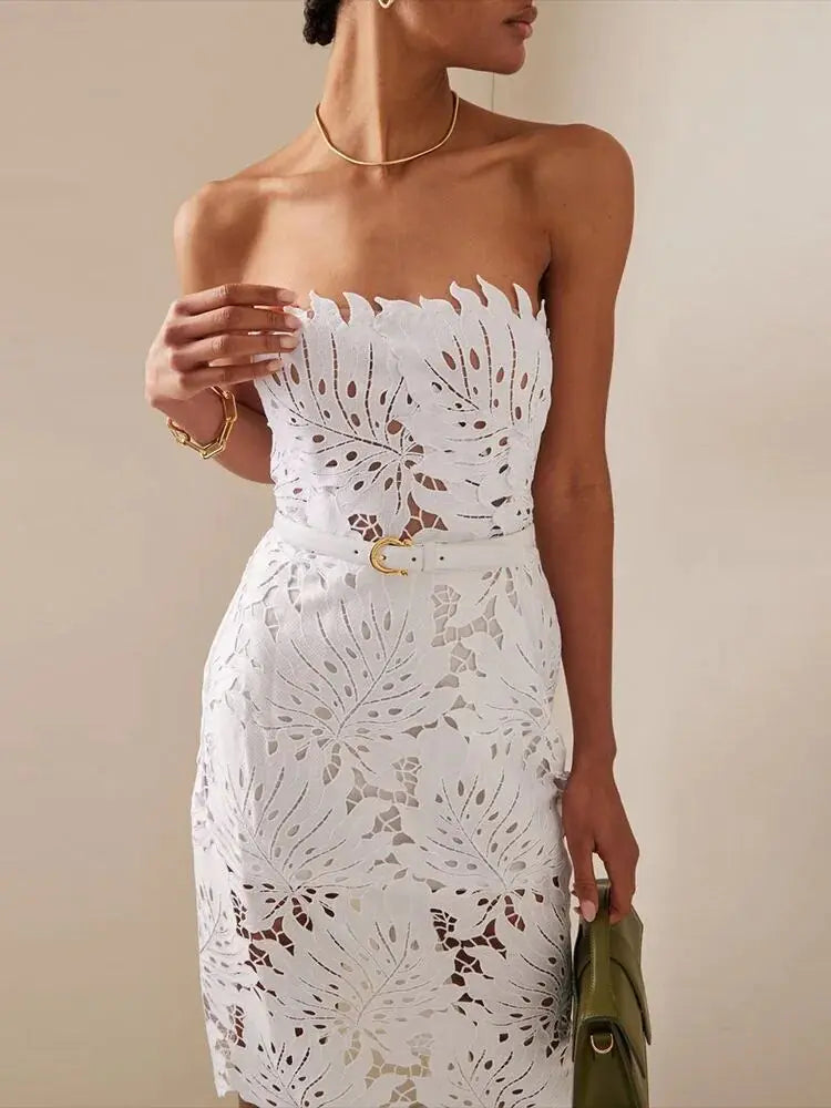 White Midi Dress Flower Cut-Out Elegant Celebrity Party Dress - SassQuality