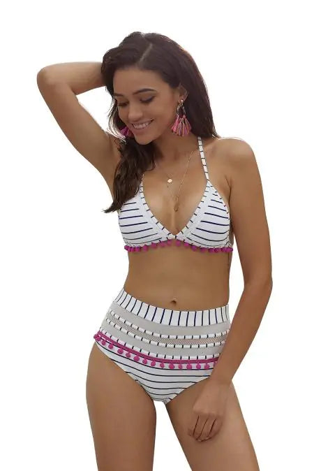 Blue White Striped Pom Pom Bikini - SassQuality