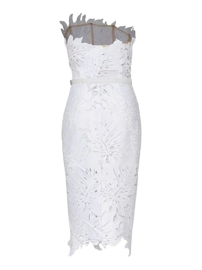 White Midi Dress Flower Cut-Out Elegant Celebrity Party Dress - SassQuality